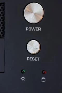 Power and reset button on desktop pc panel Stock Photos