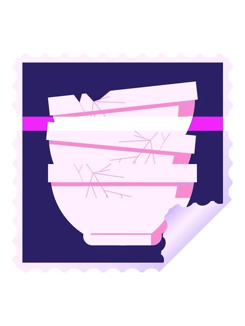 Power up animation of stack of cracked old bowls graphic square sticker stamp Stock Footage 324423156