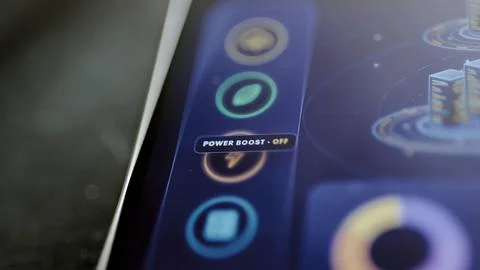 Power boost off label beside server graphic Foto stock