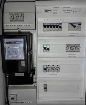 Power box, meter box, control cabinet, volts, watts, power, fuses Stock Photos