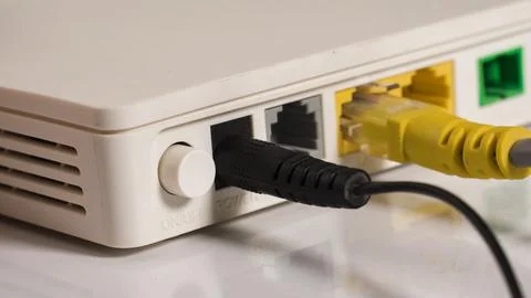 Power button and LAN router ports close-up Stock Photos