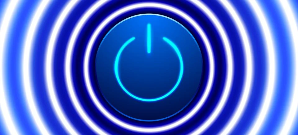 Power button with blue neon circle lights, vector background. Activation concept Stock Illustration