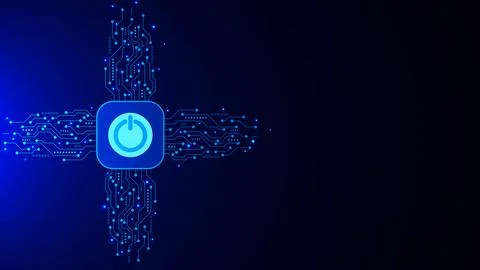 Power button with circuit board and glowing particles Stock Illustration