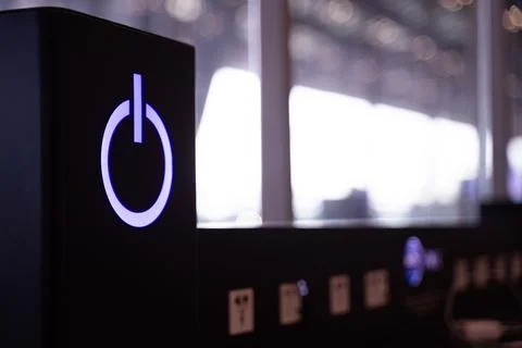 Power button, hardware device concept. bokeh light background Stock Photos