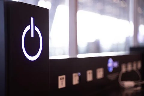 Power button, hardware device concept. bokeh light background Stock Photos