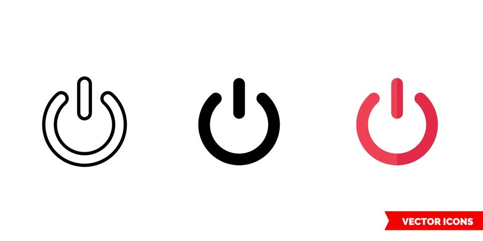 Power button icon of 3 types color, black and white, outline. Isolated vector Stock Illustration
