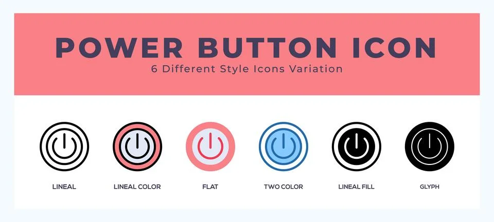 Power button icon symbol set. outline. glyph black. flat color and filled l.. Illustrazione stock