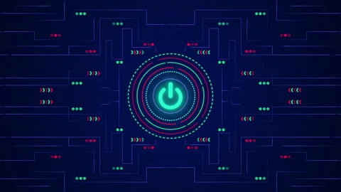 Power button with neon glowing lines on technology background Stock Footage 347357181