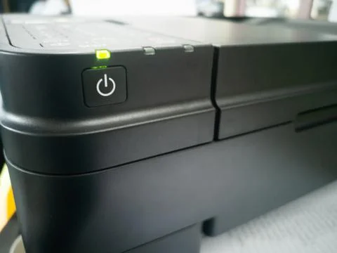 Power button of printer with green color light. Hardware 写真素材