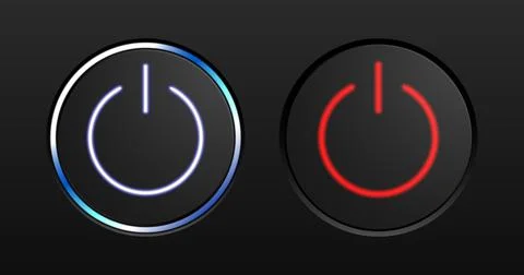 Power button realistic vector set. Blue and red light start button icons on a Stock Illustration