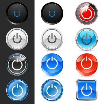 Power button, switch - red, black, grey, blue icon set Stock Illustration