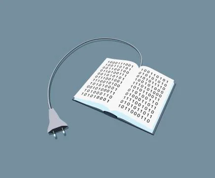 A power cable connected to a book of binary code 库存插图