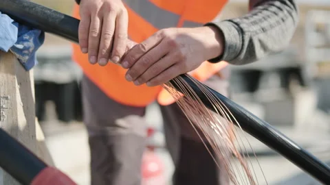 Power cable installation process at a tr... | Stock Video | Pond5