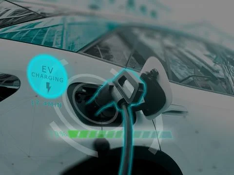 Power cable pump plug in charging power to electric vehicle EV car with mod.. Stock Illustration