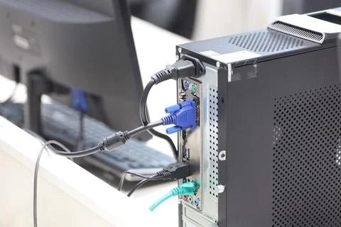 Power cables and computer internet connection Stock Photos