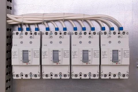 Power circuit breakers in the electrical Cabinet. Stock Photos