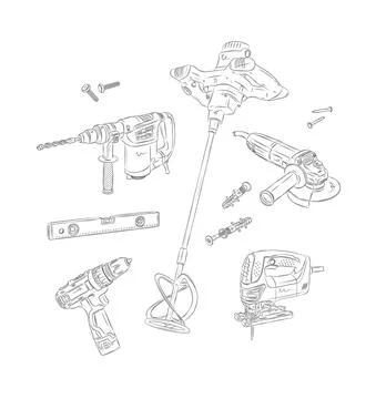Power construction and repair tools white Stock Illustration