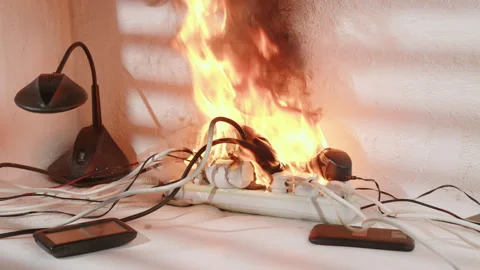 Power cube strip on fire with electrical plugs in sockets burns with open flame Vidéo 287815341