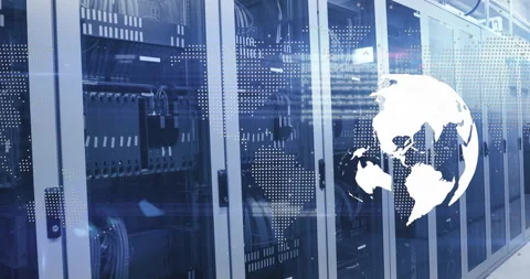 On power-on, digital globe rotating beside server racks, pulsing world map Stock Footage 311454400