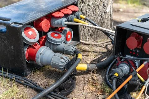 Power distribution boxes providing electricity at outdoor event Stock Photos