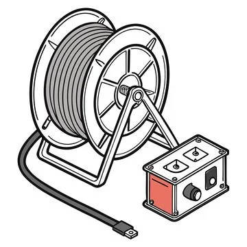 Power Distribution Tools Icons with Cable Drum and Junction Box Stock Illustration