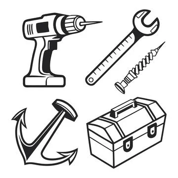 Power drill hand tools and hardware equipment icon set illustration Ilustração Stock