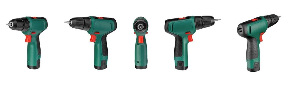 Power drill rotation view set isolated on white background for hardware pro.. Stock-Fotos