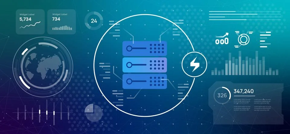 Power electricity for data center server rack with digital dashboard Stock Illustration
