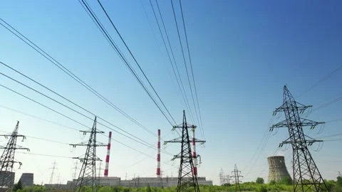 A power energy lines of high-voltage transmission pylons with heat and power Stock Footage 159582679
