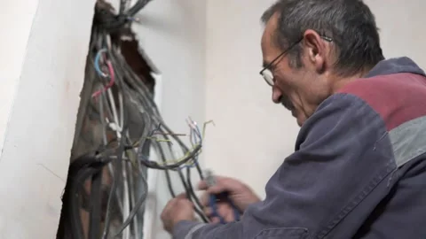 The power engineer installs an electrical panel in the apartment Stock Footage 239530504