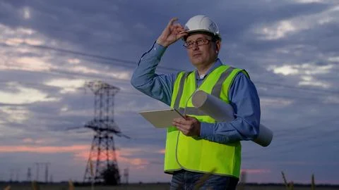 Power engineer in protective white helmet checks power line online using 스톡 사진