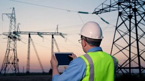 Power engineer in protective white helmet checks power line online using 스톡 사진