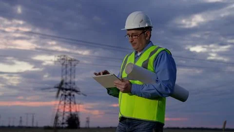 Power engineer in protective white helmet checks power line online using 스톡 사진
