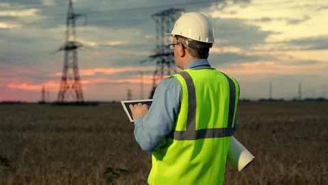 Power engineer in protective white helmet checks power line online using 스톡 사진