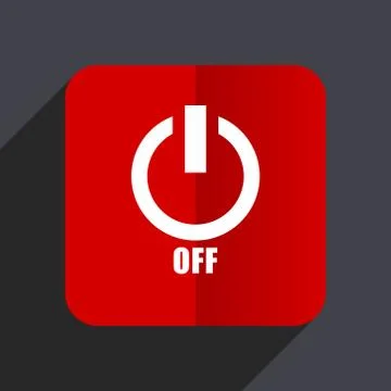 Power off flat design web vector icon. Red square sign on gray background in Stock Illustration