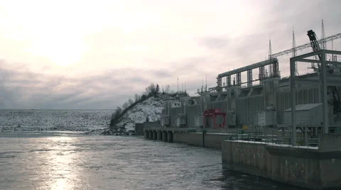 Power Generating Dam in Winter. Stock Footage 59526376