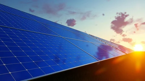 Power generation by solar panels at sunset Video stock 107561650