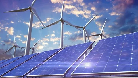 Power generation by wind turbines and solar panels. Stock Footage 83650894