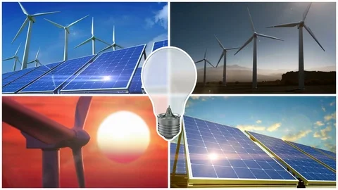 Power generation by wind turbines and solar panels. Video stock 84065457