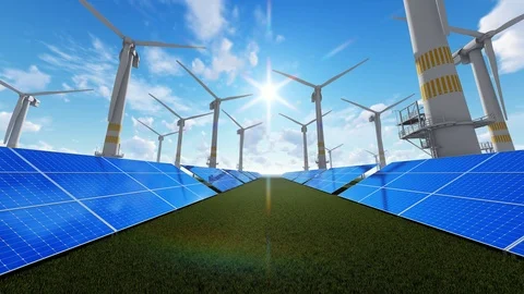 Power generation by wind turbines and solar panels against the blue sky. Video stock 107558751