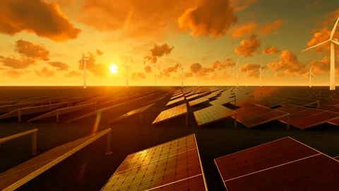 Power generation by wind turbines and solar panels Stock Footage 166643013