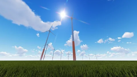 Power generation by wind turbines in a sunny day Video stock 107564459