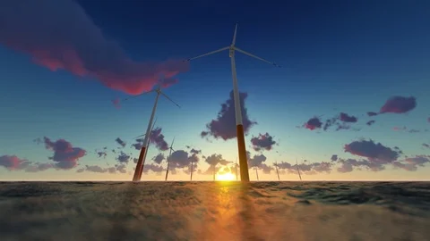 Power generation by wind turbines at sunset Stockbeeldmateriaal 107562460