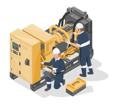 Power generators maintenance service team big diesel engine motor isometric 스톡 일러스트