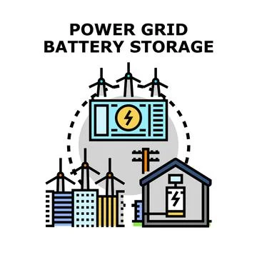 Power grid battery storage connecting green energy resources Ilustración de archivo