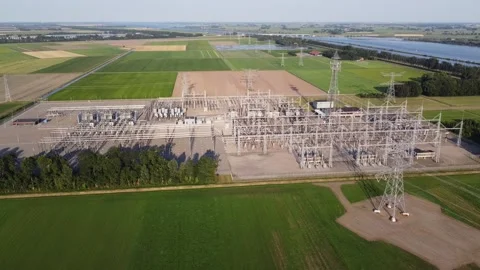 Power grid high voltage transmission station Stock Footage 145954020