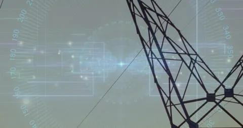 Power grid infrastructure being visualized in flat design showing steel tower Stock Footage 308602529