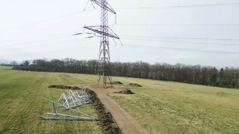 Power grid line electricity construction site drone aerial shot Stock Footage 276435017