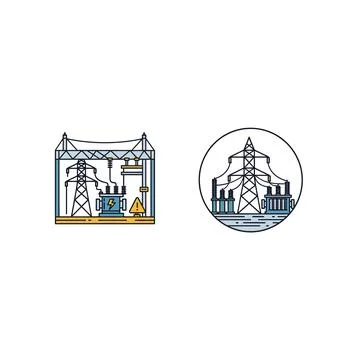 Power grid transformers and transmission towers icons 库存插图