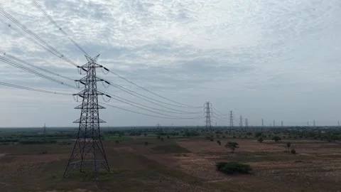 Power grid transmission tower and overhead cables Stock Footage 340814067